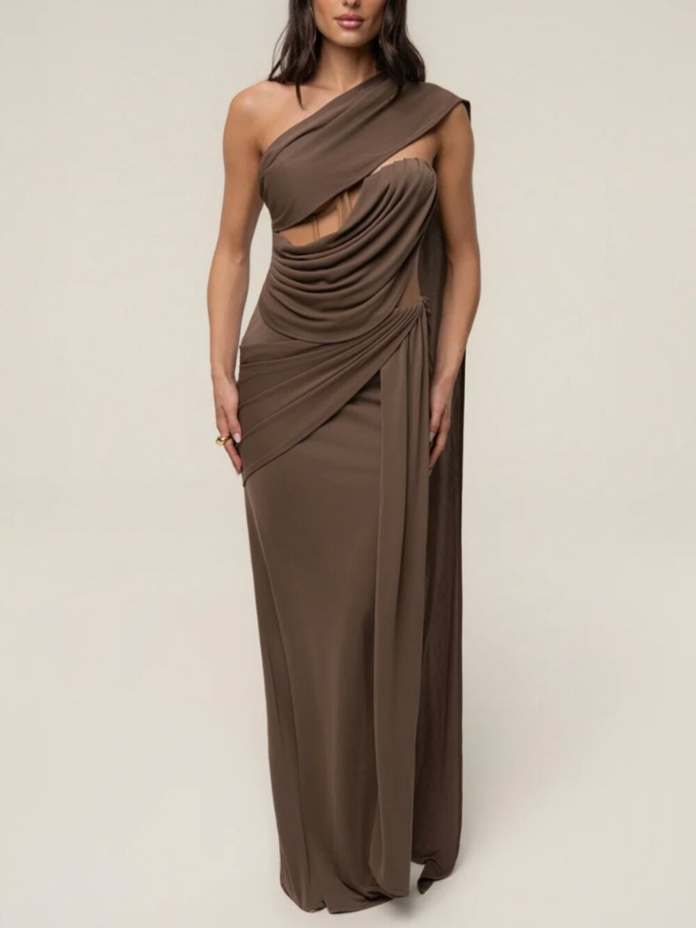 NWT. JLUX LABEL Dark Taupe Empress of Hearts Maxi Gown